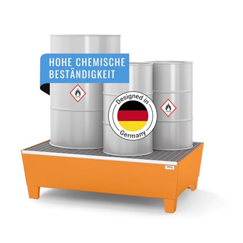 DENIOS® Auffangwanne aus Stahl | mit verzinktem Gitterrost | Stahl | orange | für 2 Fässer à 200 Liter | 205 Liter | 815 x 1236 x 350 mm | Arbeitssicherheit Notfall-Umweltschutz-Produkte