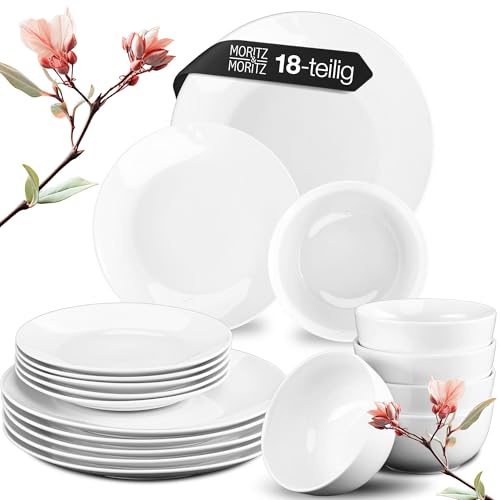 Moritz & Moritz BASIC 18-tlg. Geschirrset 6 Personen modern - aus hochwertigem Porzellan in klassischem Weiß - bestehend aus 6x Dinnerteller, 6x Dessertteller & 6x Schalen