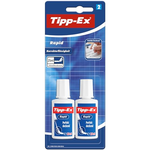 BIC 8871661 Tipp-Ex Rapid, 2 x 25 ml Korrekturflüssigkeit, Korrekturfluid mit Auftragsschwämmchen für präzises Ausbessern