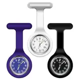 Vicloon Krankenschwester Uhren,3 Pcs Schwesternuhren mit Clip, Dehnbare Silikon Hülle, um Bruch zu Verhindern, Glow Pointer, Quarzwerk, Ansteckuhr für Krankenschwestern und Ärzte - Schwarz Blau Weiß