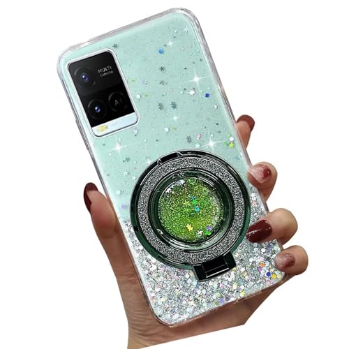 Tivenfezk Nadoli Sparkle Treibsand Ständer Hülle für VIVO Y21/Y21S/Y33S,Versteckt Ständer Ring Klar Glitzer Stern Handyhülle Durchsichtig Bling Schutzhülle Case Cover,Grün