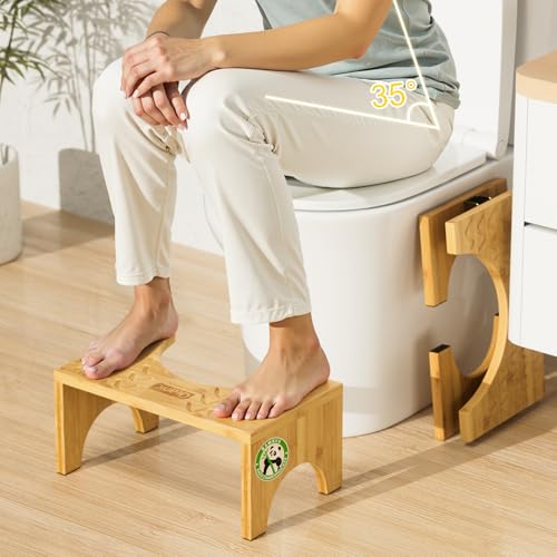 DEANIC Bambus Toilettenhocker für Erwachsene, Natürlicher Klappbarer Badhocker mit Anti-Rutsch-Pads, Ergonomischer WC Hocker für Badezimmer, Klohocker Faltbarer für Hämorrhoiden Verstopfung Blähungen
