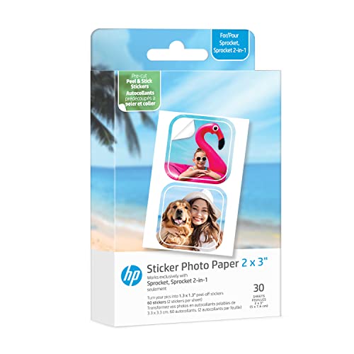 HP Sprocket 5,1 x 7,6 cm Premium Zink vorgeschnittenes Aufkleber-Fotopapier, 30 Blatt, kompatibel mit HP Sprocket Fotodruckern