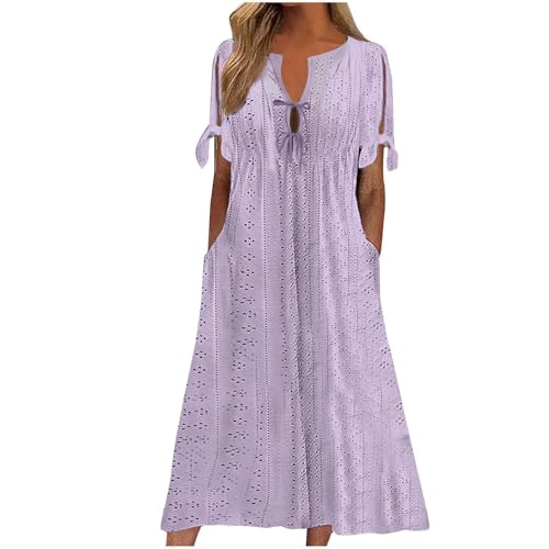 Ösen-Kleider für Damen, Bohemian-Stil, Blumenstickerei, kurzärmelig, Sommer, lässig, Strandkleid, Damen, V-Ausschnitt, Knopf, locker, trendig, einfarbig, Tunika, Boho-Sommerkleid mit Tasche, Stil 2