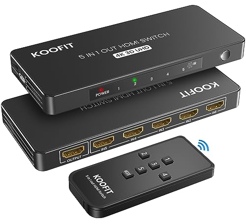 HDMI Switch Automatisch, 4K HDMI Splitter 5 in 1 Out HDMI Umschalter mit Fernbedienung, HDMI Verteiler 5 Port HDMI Selector Box Unterstützt 4K 3D HDR für TV Stick HDTV Xbox Series PS5