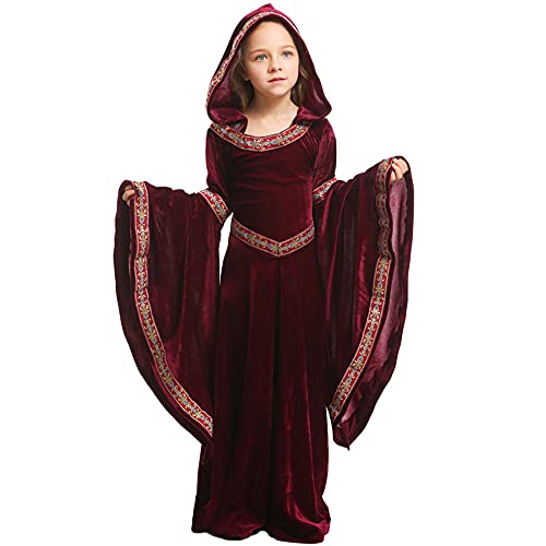 Feynman Kinder Mädchen Mittelalter Kostüm mittelalterlichen Renaissance Adels Palast Prinzessin Kleid Halloween viktorianischen Königin Kostüm Weinrot M