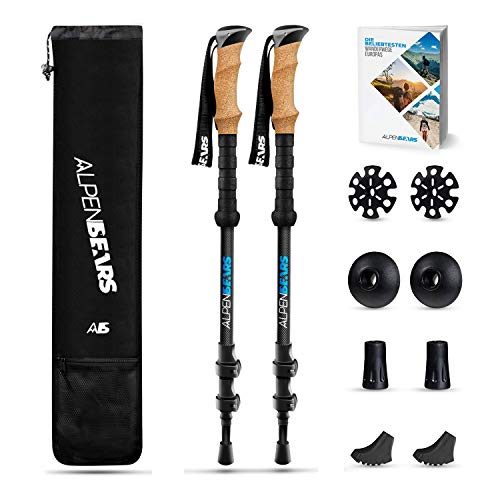 Alpen Bears Wanderstöcke Carbon - Extra leicht & mit Echt Kork Griff - Teleskop Wanderstock mit Gummipuffer Set - Besonders Langlebig - Trekkingstöcke perfekt als Nordic Walking Stöcke Damen Herren