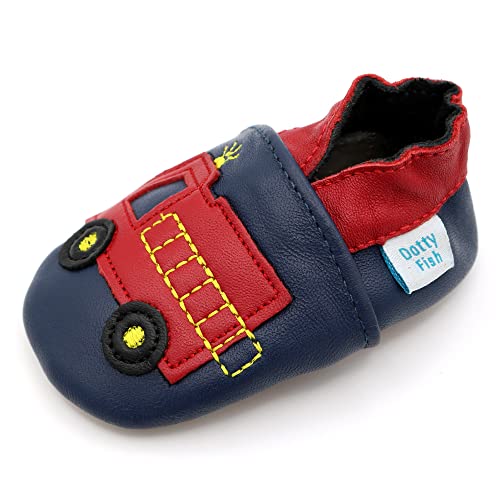 Dotty Fish Weiche Baby Kinder Lederschuhe mit weichen Wildledersohlen. Krabbelschuhe. Jungen. Navy und rot Feuerwehrauto. 18-24 Monate (23 EU)