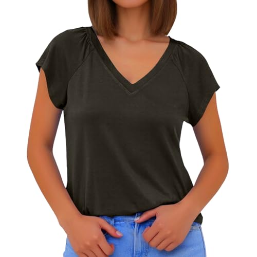 Beliebte Damen T-Shirts Übergröße V-Ausschnitt Kurze Ärmel Basic Oberteile Bequeme Passform Sommer Frühlingsmode für aktive Frauen (Black, XL)