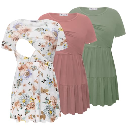Bearsland Women’s Nursing Top 3pack Short Sleeve Scoop Neck Nursing Shirt Breastfeeding Shirts, Grayish Green & Rose Pink & Brown Flowers, XL