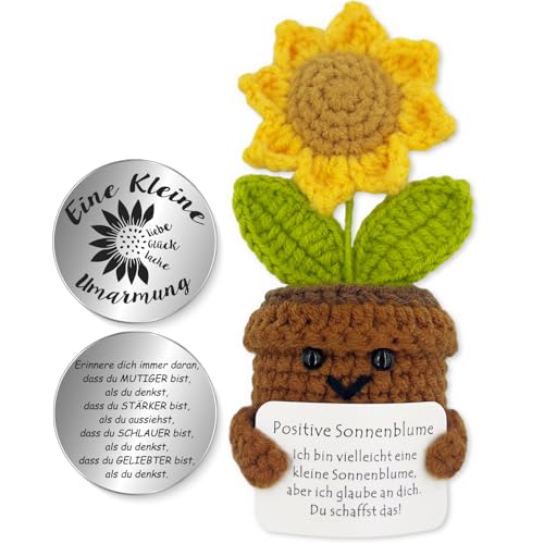 Tixlux Pocket Hug Positive Sonnenblume, Kreative Strickwolle Sonnenblume Puppe und Kleine Umarmung Glücksbringer, Mutmacher Geschenk, Gute Besserung Geschenk, Einschulung Geschenk