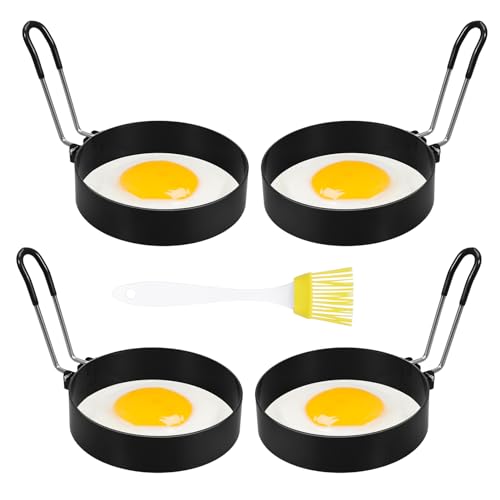 Lvefyti 4 Stück 3,5 Zoll Eierringe Edelstahl Spiegeleiform Ei Ring,Antihaft Pancake Form Egg Ring für Bratpfanne Egg Ring Runde Pfannkuchen/Omeletts mit Klappgriffen,mit Silikon Pinsel