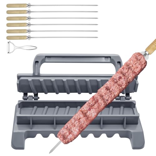 paxlloonge Großer Kebab Maker Kunststoff Presse mit 6 Edelstahl Spießen & 1 Schäler Tragbare Kabob Spieße Barbecue Maschine einfach zu Bedienen Grüßen Werkzeug für köstliche Grillgerichte