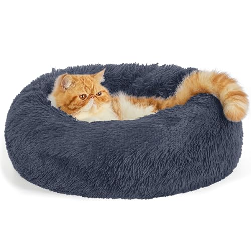 BEDSURE Hundebett waschbar Flauschiges Katzenbett - Ø 50 cm Donut Kissen, Katzenschlafplatz für Katzen Kleine Mittelgroße Hunde, Plüsch Katzenkissen Rund Kuschelbett, Dunkelgrau