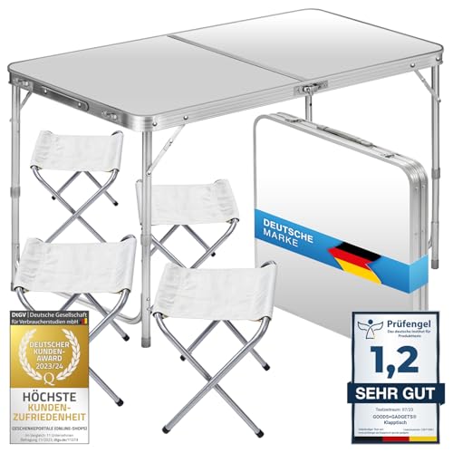 GOODS+GADGETS Klappbarer Multifunktionstisch Mehrzwecktisch Campingtisch Klapptisch Markttisch höhenverstellbarer Tapeziertisch Beistelltisch zum Campen (Camping Set mit 4 Stühlen - Weiß)