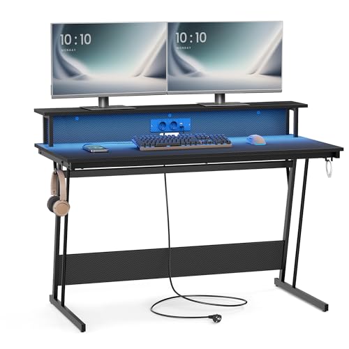 VASAGLE Schreibtisch, Gaming Tisch mit eingebauter Steckdosenleiste, Computertisch, mit Monitorständer für 2 Monitore, Schlafzimmer, 60 x 120 x 76 cm, rußschwarz LWD192B02