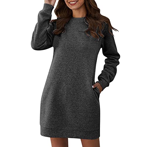 Damen Herbst Winter Volltonfarbe Rundhals Langarm Kleid Kleid A Linie Festlich (Dark Gray, XXL)