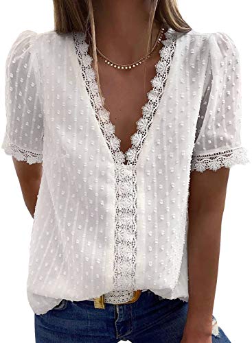 Dokotoo Damen Bluse Weiß Boho Spitze T-Shirt Tops Elegant Frühling Sommer V-Ausschnitt Oberteile Tunika Medium