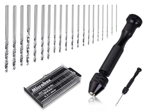 Lhbwhiz 21 Stück Handbohrer Set,Mini Bohrmaschine Pin Vise,Spiralbohrer Bit,Twist Hand Drill,Mini Bohrer,holzbohrer,für Model Making,DIY Drilling,Metal Wood Handbohrmaschine(Schwarz,0.3-1.6 mm)