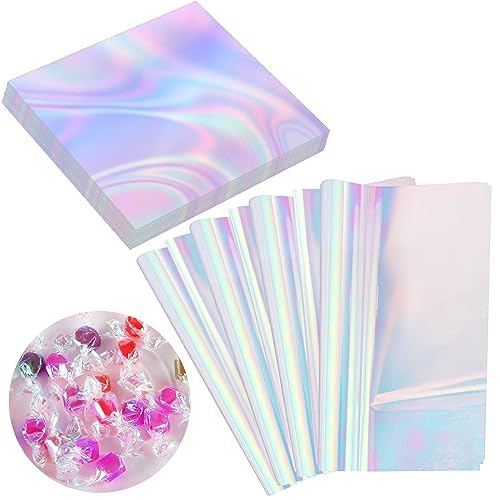 150 Stück Cellophanfolie, 23 x 23 cm Irisierende Folie Geschenkfolie Quadratisch Fensterfolie Regenbogeneffekt Bastelfolie Transparent Cellophanpapier für Basteln Geschenke Dekorationen