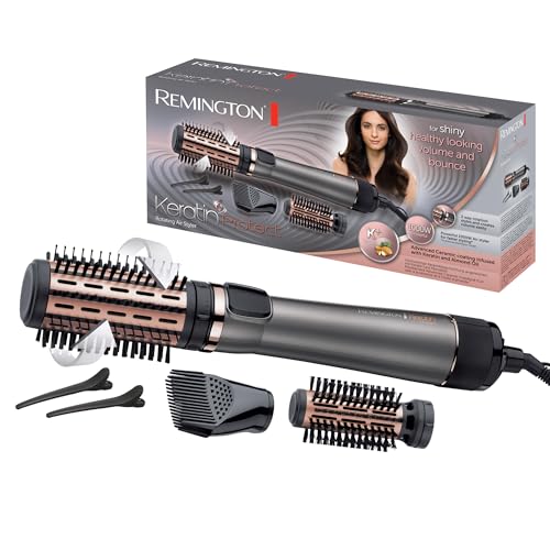 Remington Warmluftbürste rotierend [automatisch] Keratin Protect (inkl.3 Aufsätze: 2 Rundbürsten+Haaransatz-Booster für mehr Volumen) + Haarklammern, Keramikbeschichtung mit Mandelöl, AS8811,Grau