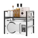 VickyHome 2-Stufig Mikrowellen Regal Küchenregal, Arbeitsplatte Küche Regal Küche Küchenaufbewahrung Einheit für Mikrowelle, Höhen & Längenverstellbare Ablage, 6 Haken, Schwarz