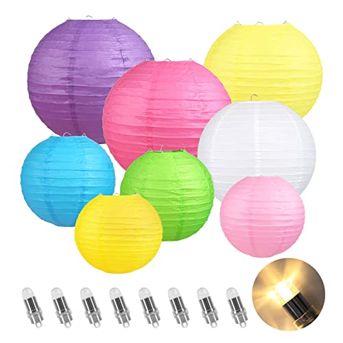 Encham 8X Papierlaterne Bunte Papier Lampions Bunte mit 8 Stück warmweiß LED-Ballons Lichter Laterne Papier Lampenschirm für Hochzeit Party Geburtstage Dekoration