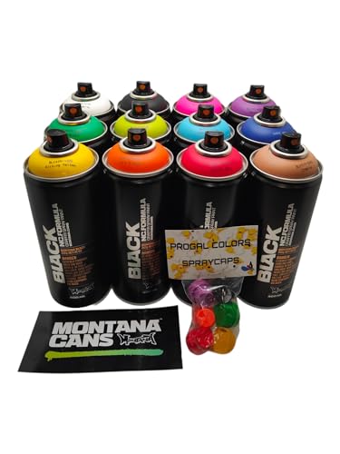 Montana Black 400 ml beliebte Farben, Set mit 12 Graffiti-Streetart-Wandmal-Sprühfarben + 6 Ersatz-Sprühköpfe