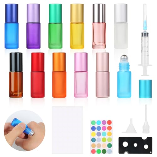 Omsscun 12 Stück Ätherische Öle Roller Flaschen, Roll on Flasche Leer 5ml, Multicolor Glasflaschen Edelstahl Roller Bällen für Parfüm Massage Ätherisches Öl