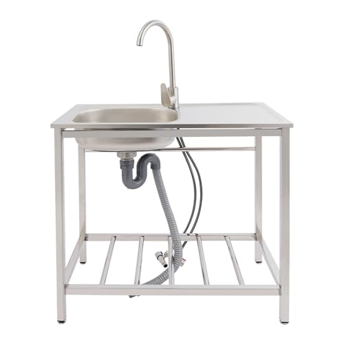 Edelstahl Werkbank Spülbecken Freistehende Einzelbecken-Spüle, Mobile Spüle Edelstahl Küchenspüle, Multifunktions Waschtisch mit Wasserhahn, Spültisch für Outdoor und Camping (Modell A)