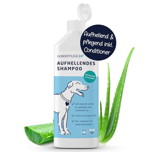 Hundepflege24 Hundeshampoo weißes Fell - Aufhellend & Pflegend - Anti-Gelbstich Formel für kräftiges, gepflegtes, strahlendes Fell - Mit pflegendem Conditioner für leichte Kämmbarkeit - 500ml