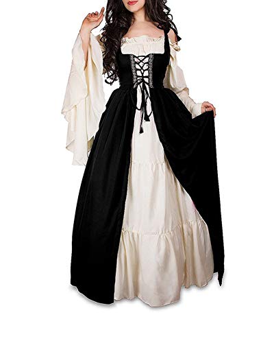 Guiran Damen Mittelalterliche Kleid mit Trompetenärmel Mittelalter Party Kostüm Maxikleid Schwarz M