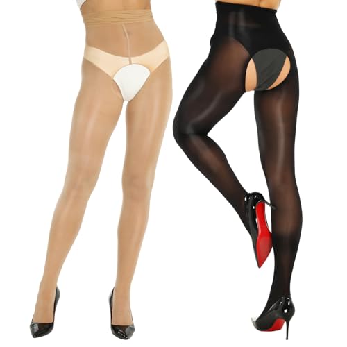 Yilanmy Glanz Strumpfhose Ouvert Für Damen Sexy Strumpfhose Offen Schritt Glänzend Tanzstrumpfhose 2 Paar (Schwarz+Natürliche, L-XL)