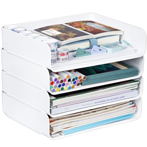 Greentainer 4-Stöckige Ablagekorb für A4, Dokumentenablage aus PET Kunststoff, Stapelbare Schreibtisch Organizer Briefkorb, Briefablage,A4-Papierablage für Zuhause,Büro,Schule(4pcs Weiß)