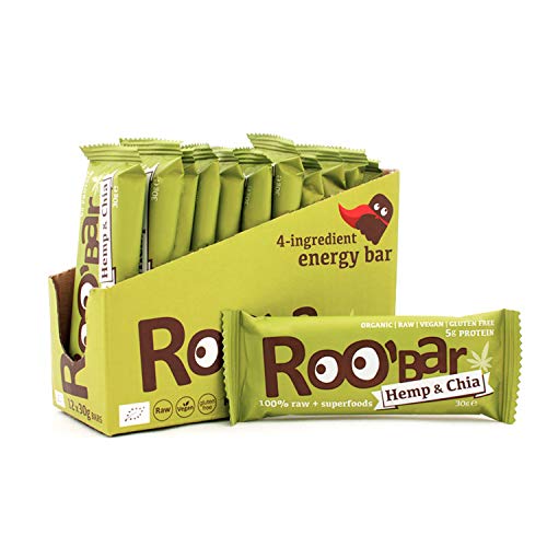 Roobar Proteinriegel Hanf – Milchfrei & Glutenfrei, 100% Bio, Vegan, Roh, Superfoods, Ohne Zusatz von raffiniertem Zucker – 12 x 30g Rohkostriegel