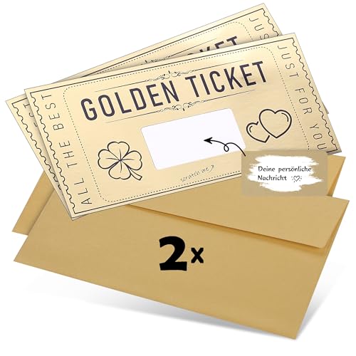DasWas 2x Goldenes Ticket - Geschenk Gutschein zum Selber Auffüllen mit Rubbelaufkleber - Rubbellose und Gutscheinkarten Selber Machen - Personalisiertes Geschenk im funkelndem Umschlag
