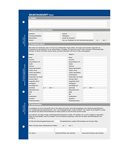 Selbstauskunft Mieter, Fragebogen für Vermietung von Wohnung und Haus (10er Set)