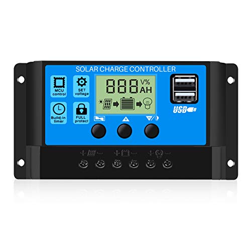 Thlevel 30A 12V/24V Solar Laderegler Solar Ladegerät Controller Solarpanel Batterie Intelligente Solarregler PWM mit 5V Dual USB Port LCD Anzeige für Blei Säure Batterien