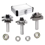 SICWOOD Nut- und Federfräser-Bit-Set, 1/2-Zoll-Schaft + Gehrungsverriegelung, 45-Grad-Gelenkfräser, mit 4 Kugellagern und Aluminiumbox, 3 Zähne, T-Form-Fräser, für präzise Holzschreinereien,