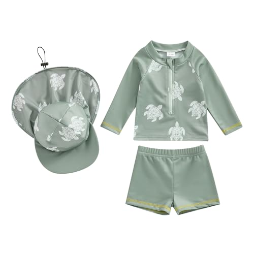 Baby-Badeanzug für Jungen, 3-teilig, UV-Schutz, Langarm-T-Shirt + Badeshorts + Sonnenhut, Badeanzug, Schwimmbad, Strand, Schildkrötengrün, 6- 12 Monate