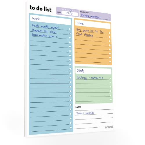 Noted To-Do-Listenblock, 52 Blatt, Tages-Checklisten-Planer, 3-teilig, undatierter Schreibtisch-Organizer von Noted – 21 x 15 cm – für Arbeit, Studium und Heimplanung – bunt, 100 g/m²