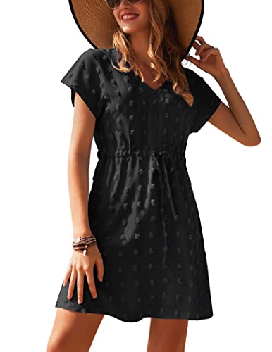 Ekouaer Sommerkleid Damen Kleider Casual V-Ausschnitt Midikleid Kurzarm Kleid Swiss Dots Strandkleid Freizeitkleid Schwarz S