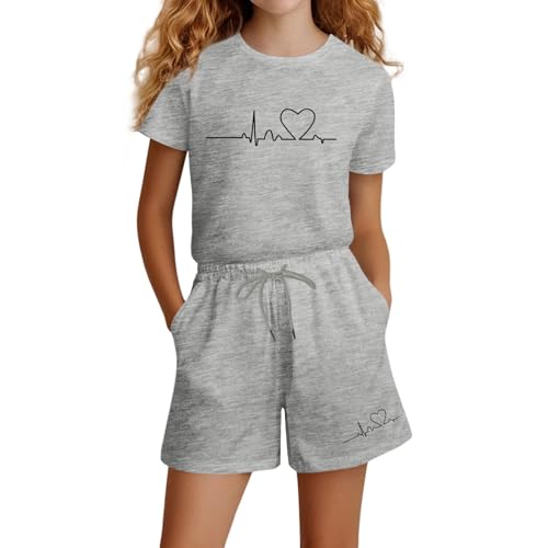 Activewear Für Mädchen 2 Piece Kurze Sportkleidung Mädchen Sport Tshirt Kurzarm +Kurze Hose Sportanzug Mit New York Briefdruck Mode Sommer Outfit Freizeit Trainingsanzug (08-Grey, 7-8 Years)