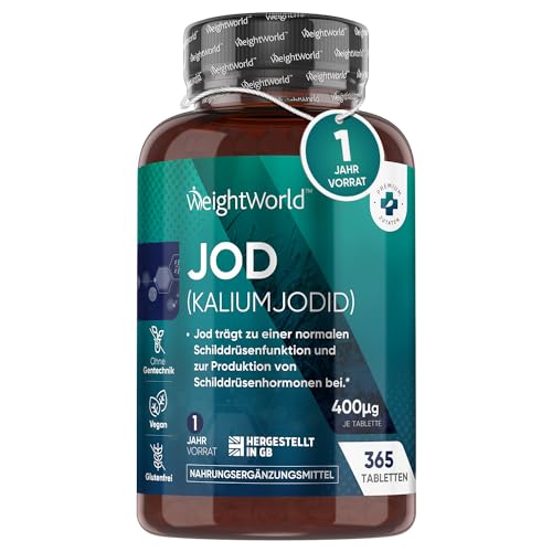 Jod Tabletten 400µg - 365 Vegan Kaliumjodid - Kalium Jodid für 1 Jahresvorrat - Jod trägt zur normalen Schilddrüse, Haut und Nervenfunktion bei (EFSA) - Iodine Tablets von WeightWorld