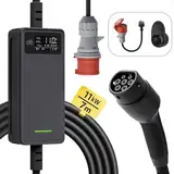 dé Mobile Wallbox 11kW |3-phasig|7m|6-16A |Einstellbare Ladeleistung|, Ladekabel CEE 16a auf Typ 2 und Mobile Ladestation 11kW für ID.3, ID.4, ID.5, Model Y, Model 3, e-up, e-tron, Zoe u andere EV