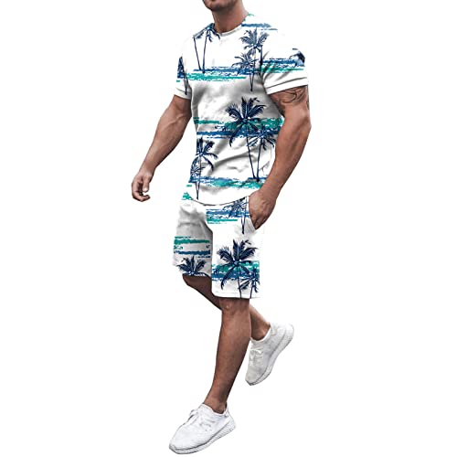 Herren Frühling Sommer Outfit Strand Kurzarm bedrucktes Hemd Kurzer Hemd Hosenanzug mit Taschen Konfirmationsanzug Jungen Casual Sport Hoodie Shorts Set Pullover Men Geographical (White, XL)