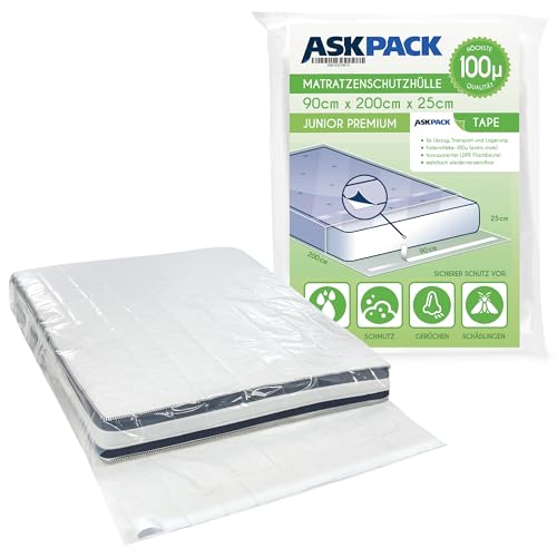 ASK Pack Matratzenschutzhüllen mit Klebeverschluss - Größen von XS bis XXL, Ultra Starkes Material bis 100 Micron Reißfest, Wiederverwendbar und Wasserdicht - Ideal für Transport (90 x 200 cm)