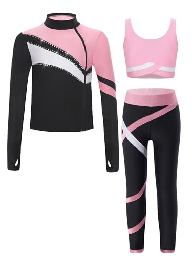 inhzoy Mädchen Eiskunstlauf Anzug Sport Kleidung Set Langarm Jacke Leggings Und Cropped Tank Top 3er Kinder Eislaufen Tanzanzug Rosa 122-128