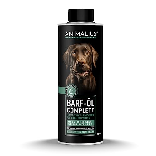 Animalius | Barf Complete Öl für Hunde | Premium Barf Zusatz Futteröl mit Lachs-, Lein-, Hanfsamen-, Nachtkerzen- und Borretschöl - 500ml