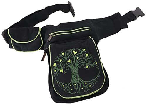 GURU SHOP Stoff Sidebag & Hüfttasche, Goa Gürteltasche, Bauchtasche aus Nepal - Tree of Life Schwarz/grün, Herren/Damen, Baumwolle, Size:One Size, 25x18x4 cm, Festival- Bauchtasche Hippie